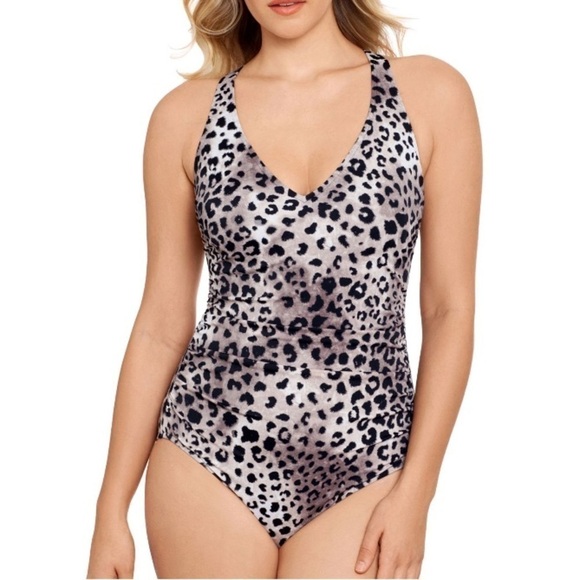 Swim Solutions Beige Animal Print Slimming V Neck One Piece Swimsuit - Picture 1 of 7